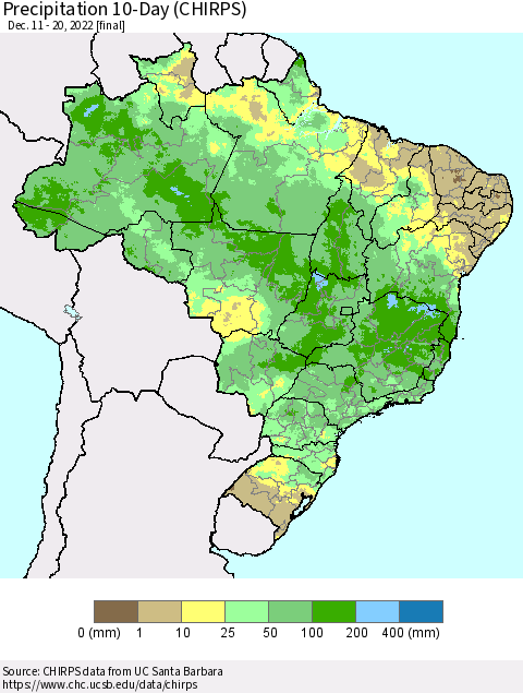 Brazil Precipitation 10-Day (CHIRPS) Thematic Map For 12/11/2022 - 12/20/2022