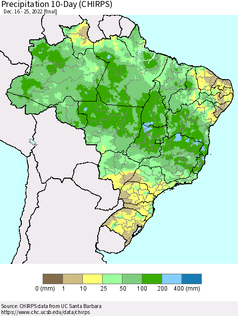 Brazil Precipitation 10-Day (CHIRPS) Thematic Map For 12/16/2022 - 12/25/2022