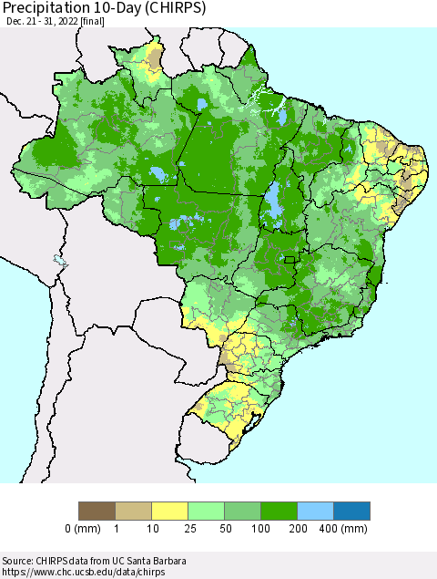 Brazil Precipitation 10-Day (CHIRPS) Thematic Map For 12/21/2022 - 12/31/2022