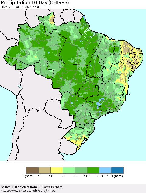 Brazil Precipitation 10-Day (CHIRPS) Thematic Map For 12/26/2022 - 1/5/2023