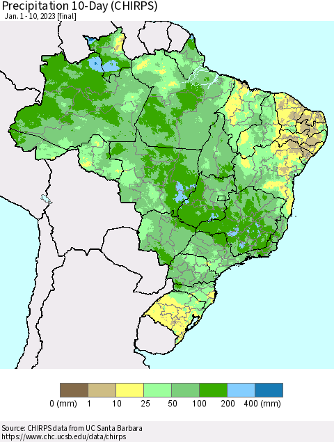 Brazil Precipitation 10-Day (CHIRPS) Thematic Map For 1/1/2023 - 1/10/2023