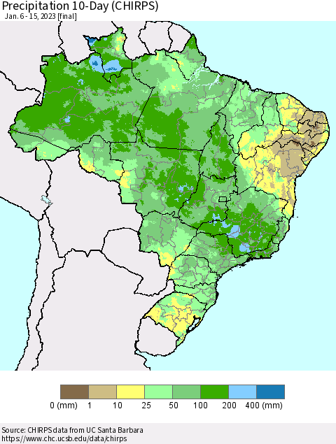 Brazil Precipitation 10-Day (CHIRPS) Thematic Map For 1/6/2023 - 1/15/2023