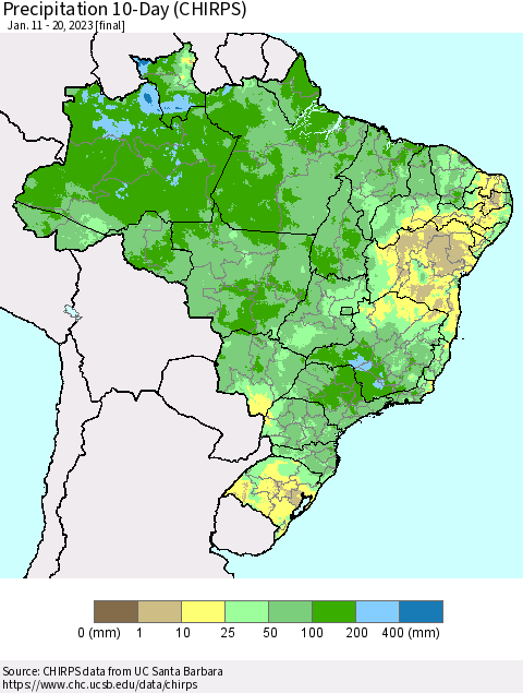 Brazil Precipitation 10-Day (CHIRPS) Thematic Map For 1/11/2023 - 1/20/2023