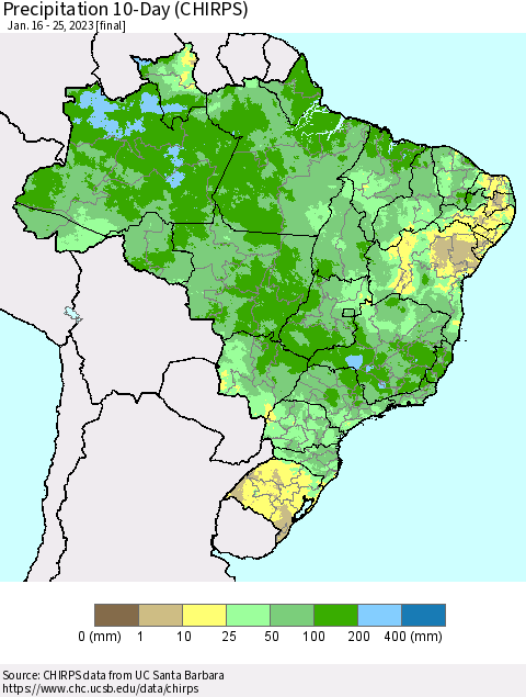 Brazil Precipitation 10-Day (CHIRPS) Thematic Map For 1/16/2023 - 1/25/2023
