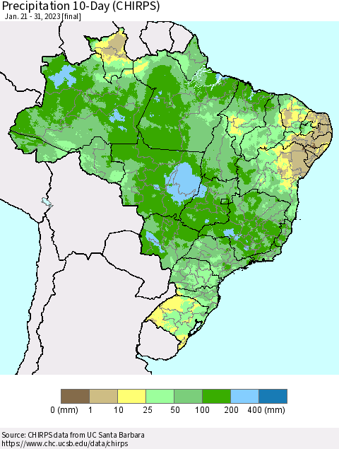 Brazil Precipitation 10-Day (CHIRPS) Thematic Map For 1/21/2023 - 1/31/2023