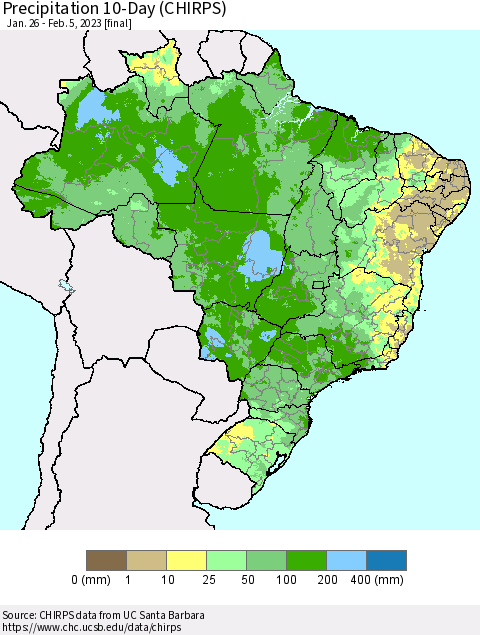 Brazil Precipitation 10-Day (CHIRPS) Thematic Map For 1/26/2023 - 2/5/2023