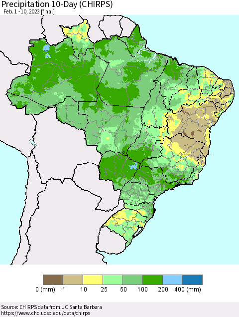 Brazil Precipitation 10-Day (CHIRPS) Thematic Map For 2/1/2023 - 2/10/2023