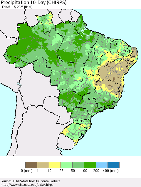 Brazil Precipitation 10-Day (CHIRPS) Thematic Map For 2/6/2023 - 2/15/2023