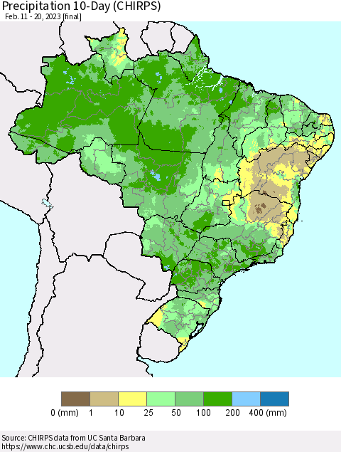 Brazil Precipitation 10-Day (CHIRPS) Thematic Map For 2/11/2023 - 2/20/2023