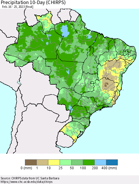 Brazil Precipitation 10-Day (CHIRPS) Thematic Map For 2/16/2023 - 2/25/2023