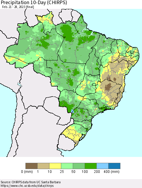Brazil Precipitation 10-Day (CHIRPS) Thematic Map For 2/21/2023 - 2/28/2023
