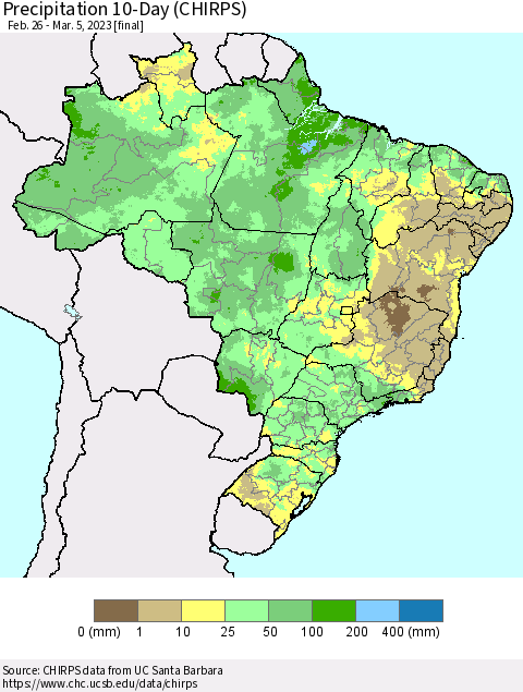 Brazil Precipitation 10-Day (CHIRPS) Thematic Map For 2/26/2023 - 3/5/2023