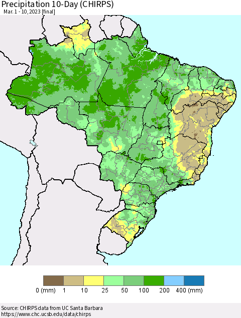 Brazil Precipitation 10-Day (CHIRPS) Thematic Map For 3/1/2023 - 3/10/2023