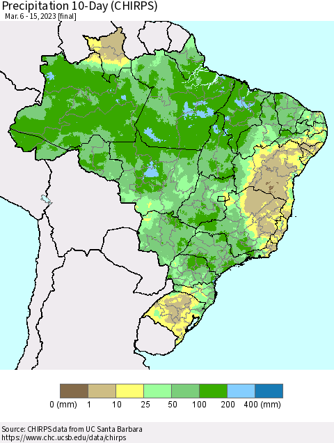 Brazil Precipitation 10-Day (CHIRPS) Thematic Map For 3/6/2023 - 3/15/2023