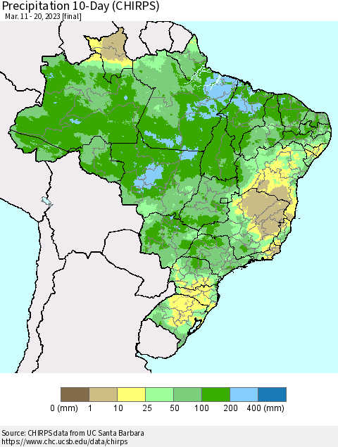 Brazil Precipitation 10-Day (CHIRPS) Thematic Map For 3/11/2023 - 3/20/2023