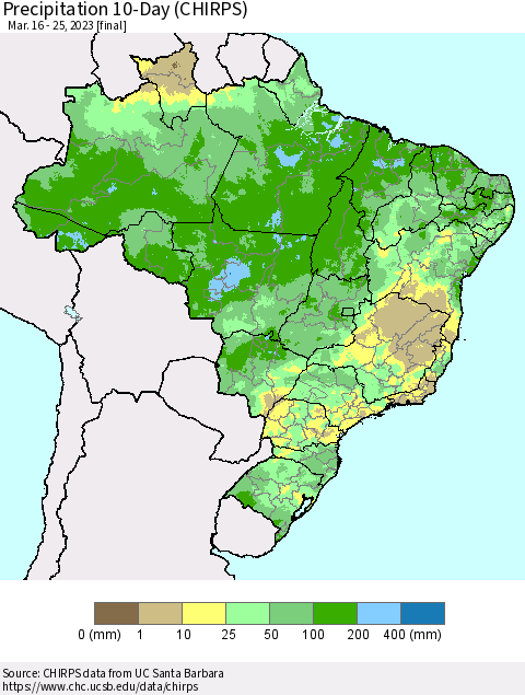 Brazil Precipitation 10-Day (CHIRPS) Thematic Map For 3/16/2023 - 3/25/2023