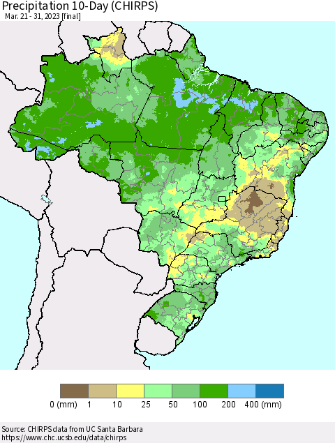 Brazil Precipitation 10-Day (CHIRPS) Thematic Map For 3/21/2023 - 3/31/2023