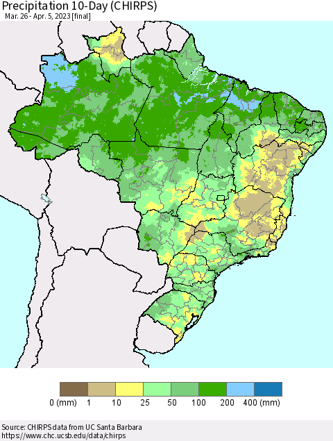 Brazil Precipitation 10-Day (CHIRPS) Thematic Map For 3/26/2023 - 4/5/2023