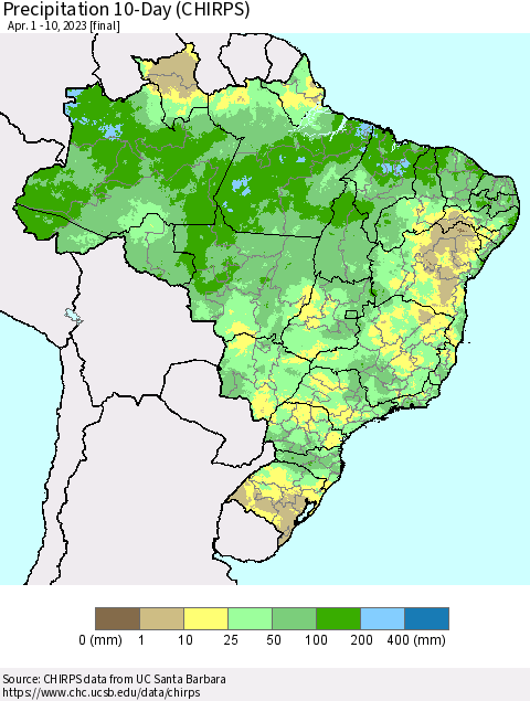 Brazil Precipitation 10-Day (CHIRPS) Thematic Map For 4/1/2023 - 4/10/2023