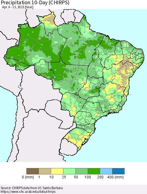 Brazil Precipitation 10-Day (CHIRPS) Thematic Map For 4/6/2023 - 4/15/2023