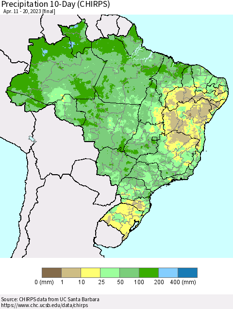 Brazil Precipitation 10-Day (CHIRPS) Thematic Map For 4/11/2023 - 4/20/2023