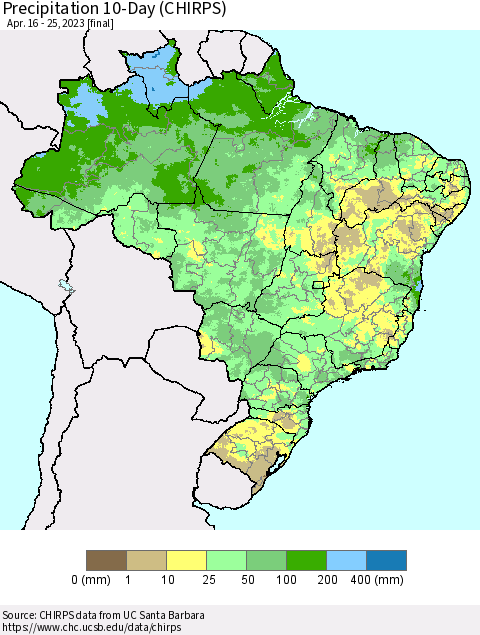 Brazil Precipitation 10-Day (CHIRPS) Thematic Map For 4/16/2023 - 4/25/2023
