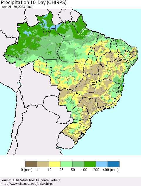 Brazil Precipitation 10-Day (CHIRPS) Thematic Map For 4/21/2023 - 4/30/2023