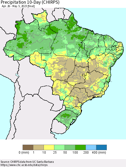 Brazil Precipitation 10-Day (CHIRPS) Thematic Map For 4/26/2023 - 5/5/2023