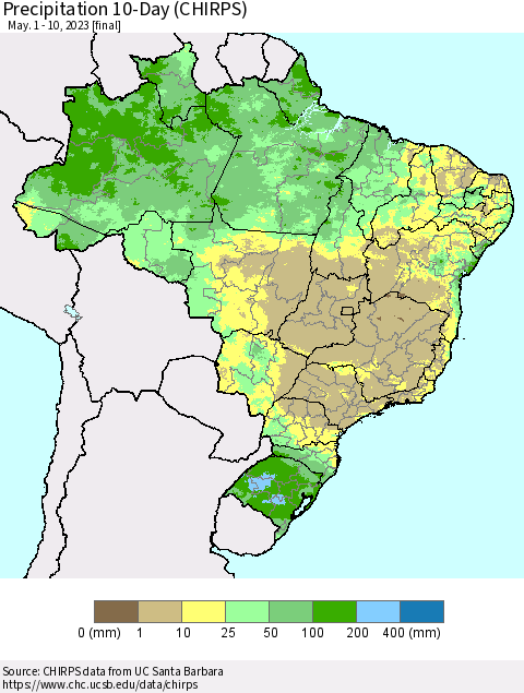 Brazil Precipitation 10-Day (CHIRPS) Thematic Map For 5/1/2023 - 5/10/2023