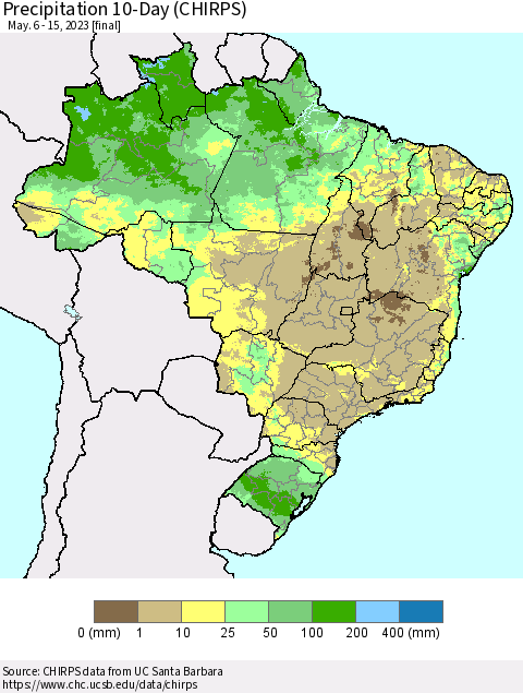 Brazil Precipitation 10-Day (CHIRPS) Thematic Map For 5/6/2023 - 5/15/2023