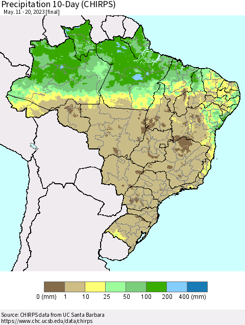 Brazil Precipitation 10-Day (CHIRPS) Thematic Map For 5/11/2023 - 5/20/2023