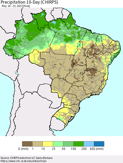 Brazil Precipitation 10-Day (CHIRPS) Thematic Map For 5/16/2023 - 5/25/2023