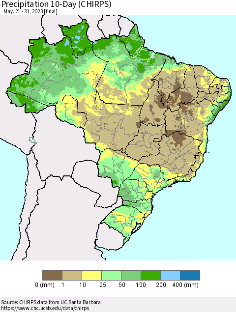 Brazil Precipitation 10-Day (CHIRPS) Thematic Map For 5/21/2023 - 5/31/2023