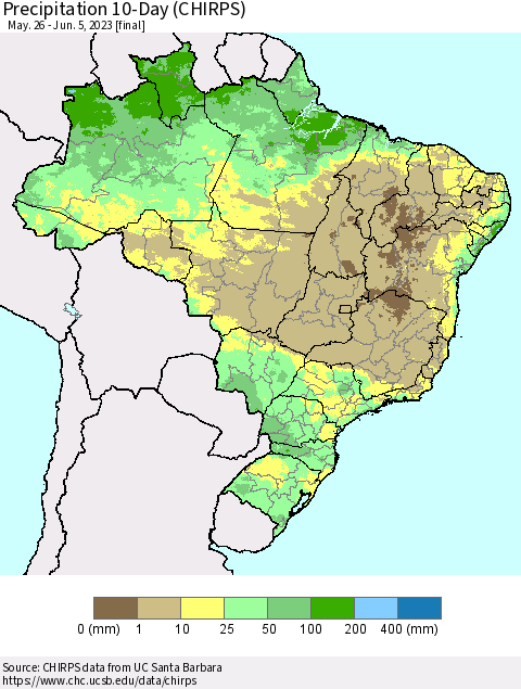 Brazil Precipitation 10-Day (CHIRPS) Thematic Map For 5/26/2023 - 6/5/2023