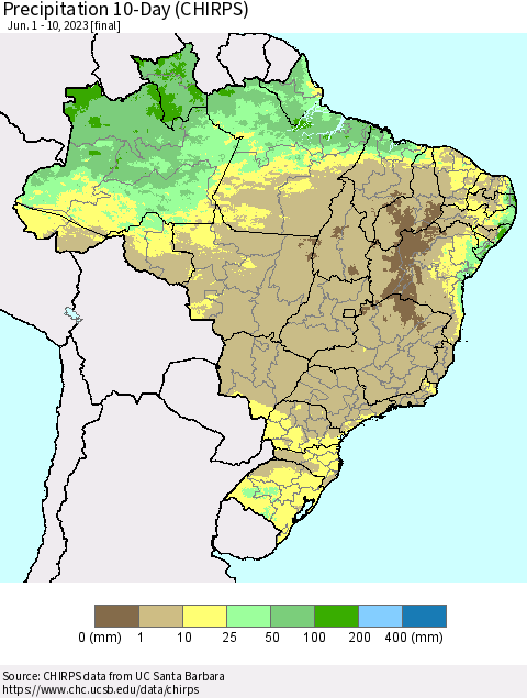 Brazil Precipitation 10-Day (CHIRPS) Thematic Map For 6/1/2023 - 6/10/2023