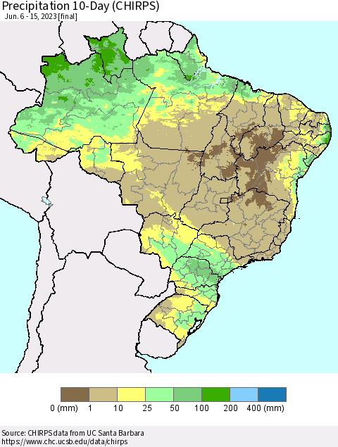 Brazil Precipitation 10-Day (CHIRPS) Thematic Map For 6/6/2023 - 6/15/2023