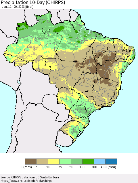 Brazil Precipitation 10-Day (CHIRPS) Thematic Map For 6/11/2023 - 6/20/2023