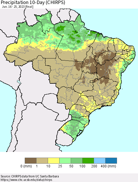Brazil Precipitation 10-Day (CHIRPS) Thematic Map For 6/16/2023 - 6/25/2023