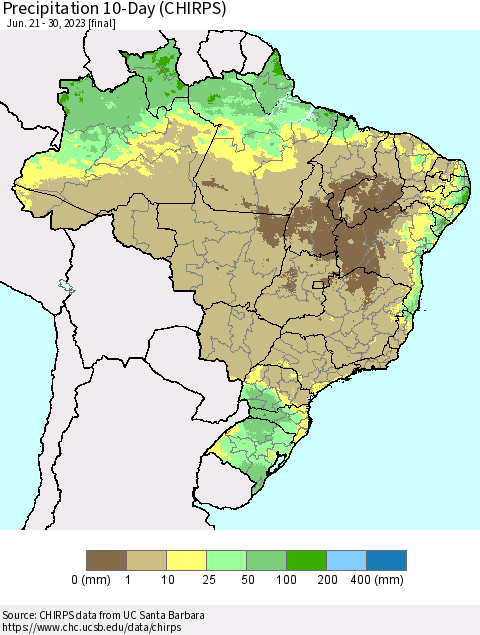 Brazil Precipitation 10-Day (CHIRPS) Thematic Map For 6/21/2023 - 6/30/2023