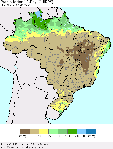 Brazil Precipitation 10-Day (CHIRPS) Thematic Map For 6/26/2023 - 7/5/2023