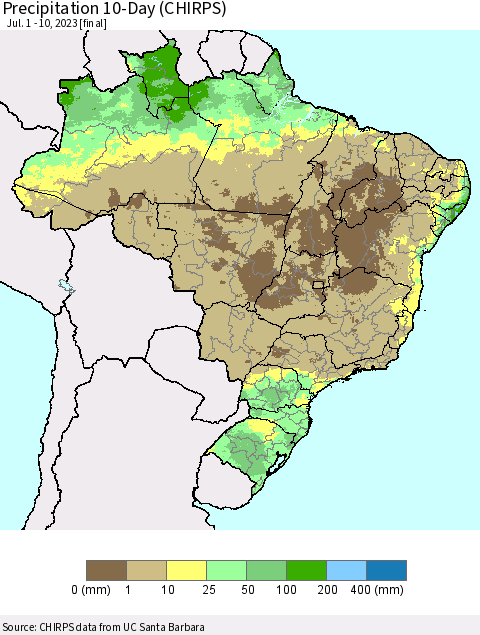 Brazil Precipitation 10-Day (CHIRPS) Thematic Map For 7/1/2023 - 7/10/2023