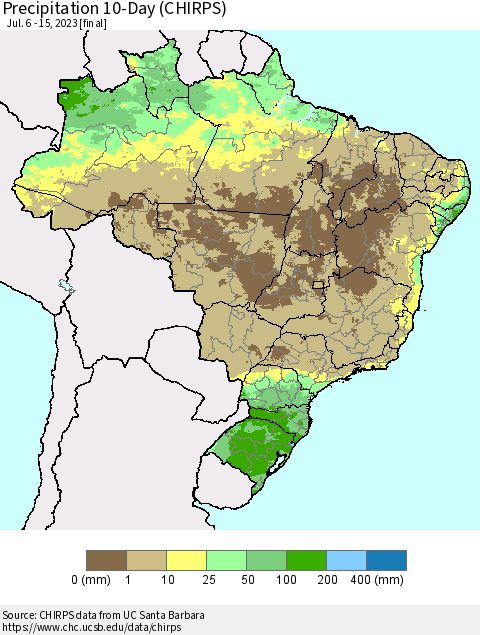 Brazil Precipitation 10-Day (CHIRPS) Thematic Map For 7/6/2023 - 7/15/2023