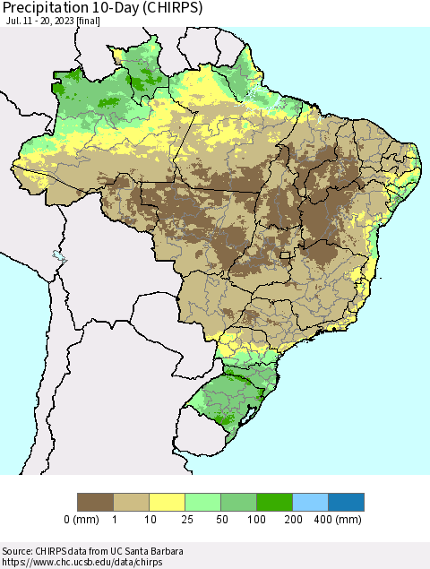Brazil Precipitation 10-Day (CHIRPS) Thematic Map For 7/11/2023 - 7/20/2023