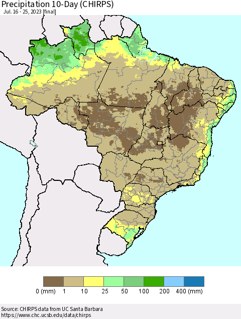 Brazil Precipitation 10-Day (CHIRPS) Thematic Map For 7/16/2023 - 7/25/2023
