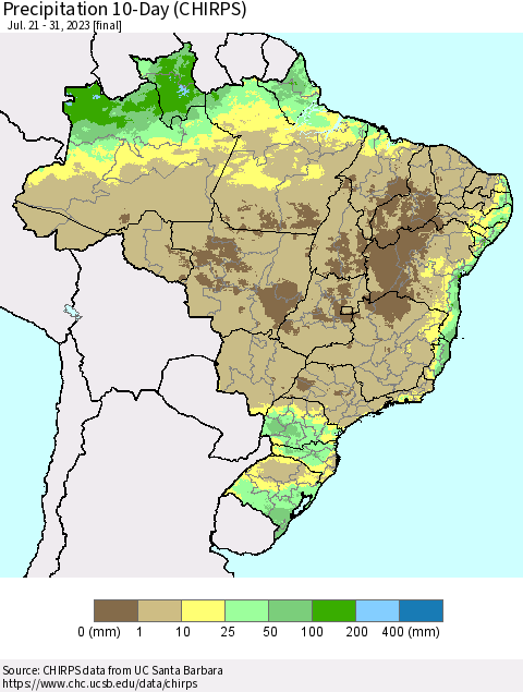 Brazil Precipitation 10-Day (CHIRPS) Thematic Map For 7/21/2023 - 7/31/2023