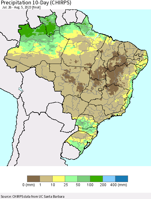 Brazil Precipitation 10-Day (CHIRPS) Thematic Map For 7/26/2023 - 8/5/2023