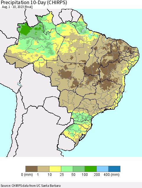 Brazil Precipitation 10-Day (CHIRPS) Thematic Map For 8/1/2023 - 8/10/2023