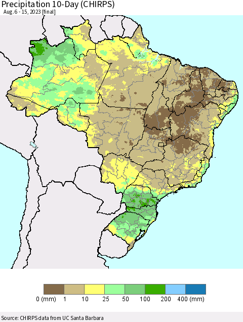 Brazil Precipitation 10-Day (CHIRPS) Thematic Map For 8/6/2023 - 8/15/2023