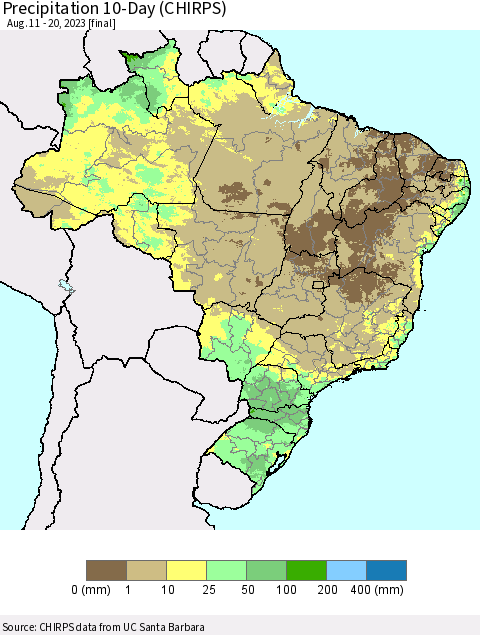 Brazil Precipitation 10-Day (CHIRPS) Thematic Map For 8/11/2023 - 8/20/2023