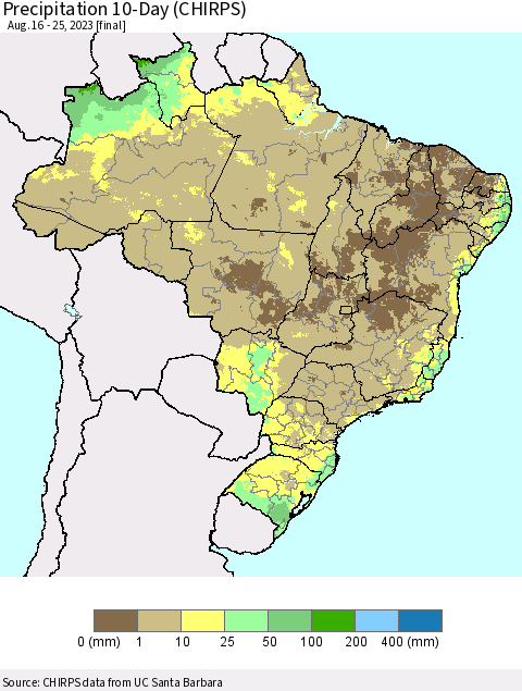Brazil Precipitation 10-Day (CHIRPS) Thematic Map For 8/16/2023 - 8/25/2023